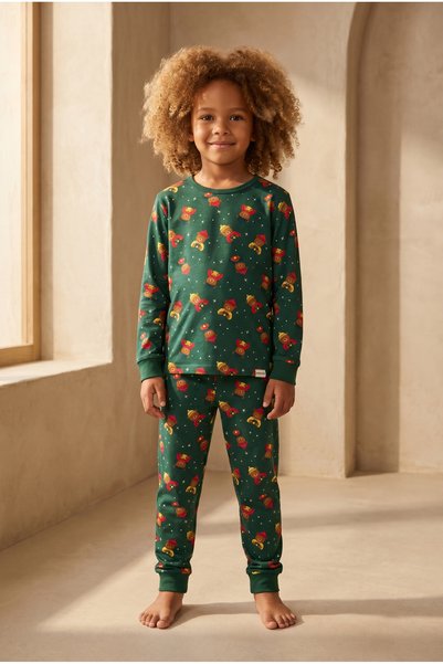Children's Teddy Pattern Boxed Christmas Pajama Set Green