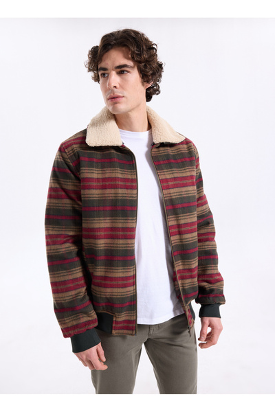 Khaki Men's Regular Fit Plaid Coat 261 LCM 232011 SANTOS KHAKI-BURGUNDY