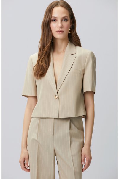 Beige Striped Wool Blend Jacket