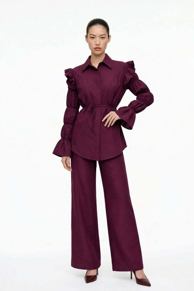Drawstring Sleeve Detailed Tunic and Palazzo Pants Set D