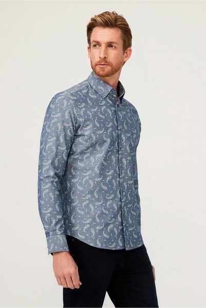 Long Sleeve Slim Fit Slim Fit Patterned Cotton Shirt
