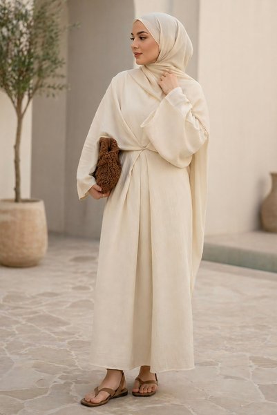 Cream Binding Detailed Casual Muslin Dress