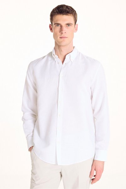 White 100% Linen D-Neck Comfort U-Sleeve Oxford Shirt