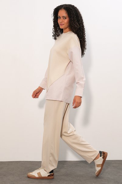 Women's Striped Woven Two-Piece Set 6750 - Beige