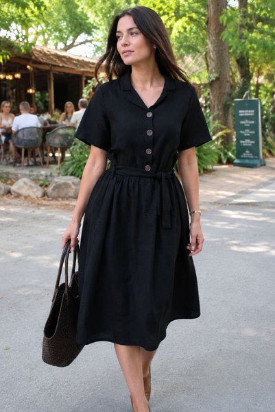 Women's Black Buttoned Front Gathered Waist Belted Midi Length Dress Arm-26Y001123