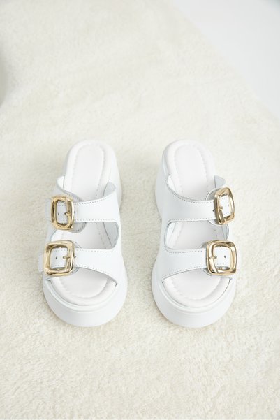 Women's White Comfortable Fit Double Buckle Thick Soled Slippers