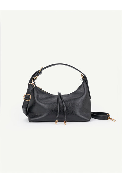 Wrinkled Textured Black Shk328 Women's Baguette Hand, Arm and Shoulder Bag with Gold Tip Detail and Drawstring Accessory