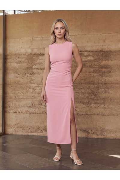 91704 Slit Detailed Midi Dress-Powder Pink