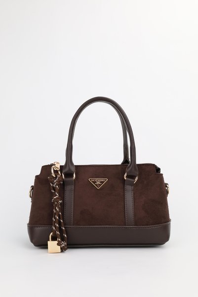 Women's Suede Brown Lock Charm Detailed Shoulder and Crossbody Bag Elena