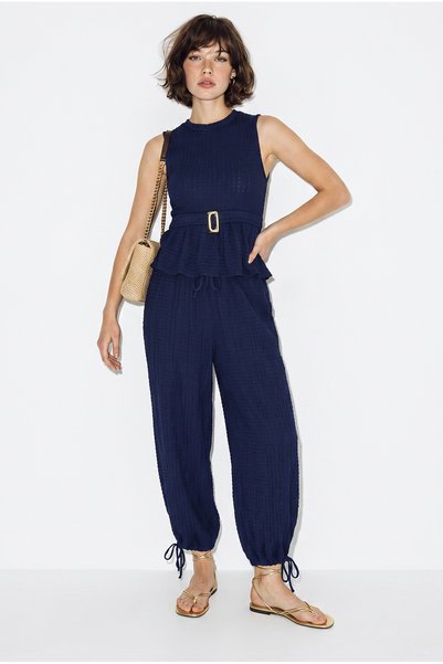 Women's Navy Blue Flounce Blouse with Gold Accessories and Shalwar Trousers Comfortable Wrinkled Suit Bt-2013 60286438