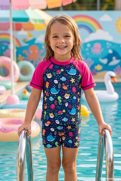 Octopus Pattern Short Sleeve Children's Swimsuit Swimsuit 4411 Coral