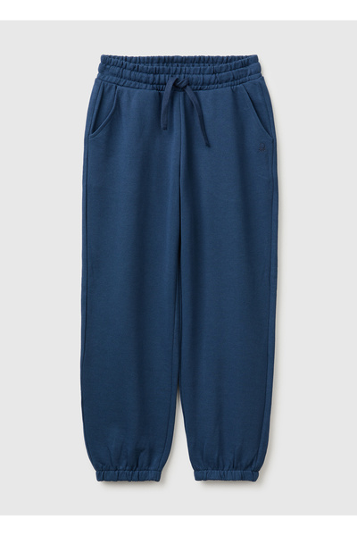 Girl's Navy Blue Logo Embroidered Drawstring Sweatpants with Pockets