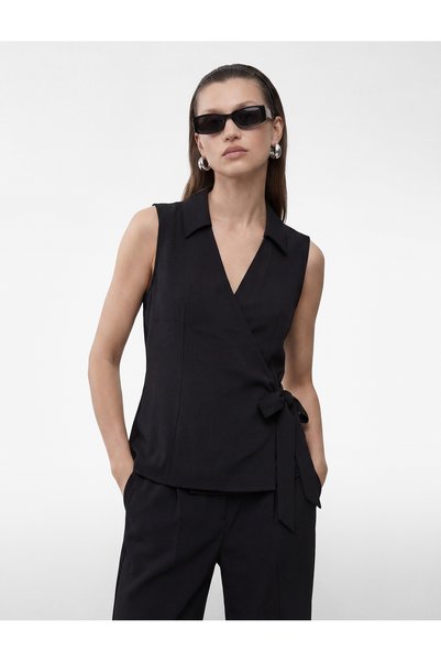 Bow Tie Detail Shirt Collar Sleeveless Double Breasted Blouse