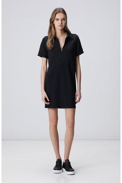 Black Short Sleeve Polo Neck Mini Length Knitted Dress