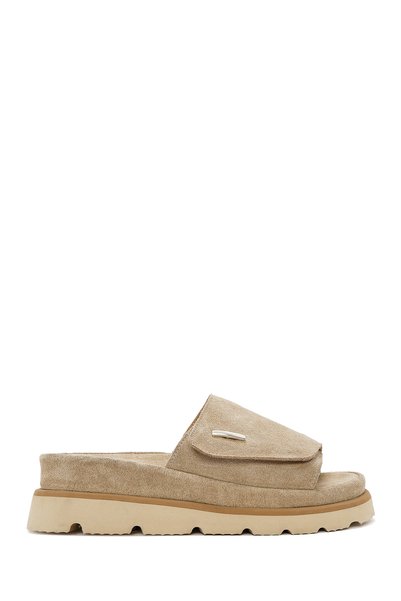 Women's Beige Thick Soled Suede Leather Slippers 26Sfd151510