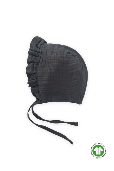 Tied Ruffled Organic Muslin Baby Hat 0-2 Years Anthracite