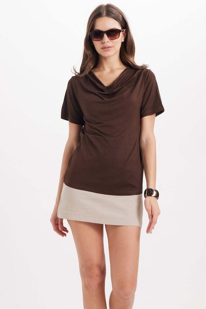 Women's Oversize Relaxed Fit Asymmetric Collar Short Sleeve Brown Viscose Blouse