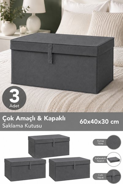 Set of 3 Mega Size Storage Boxes - Multi-Purpose Organizer Storage Box with Lid 60X40X30Cm Anthracite