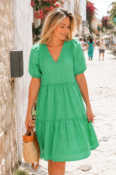 Women's Green V-Neck Short Sleeve Ruffle Dress Arm-26Y001107