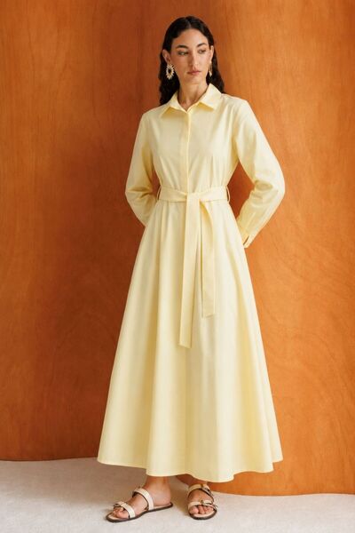 Girdle Detailed Poplin Shirt Yellow Dress