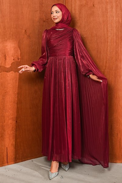 Burgundy Jeweled Collar Draped Janjan Evening Dress