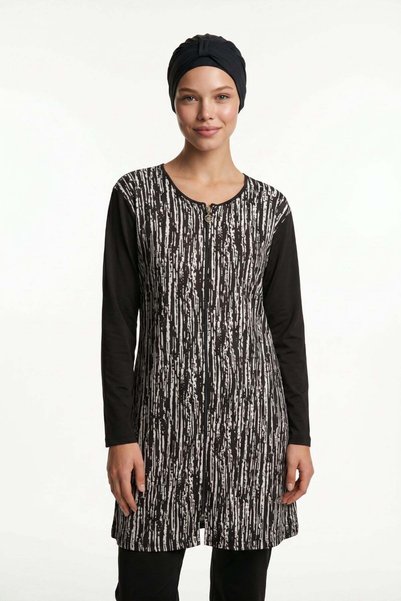Patterned Gathered Waist 4-Piece Hijab Swimsuit 2402 Black