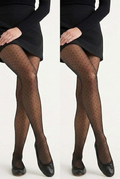 Thin 15 Denier Dot Patterned Black 2-Piece Pantyhose