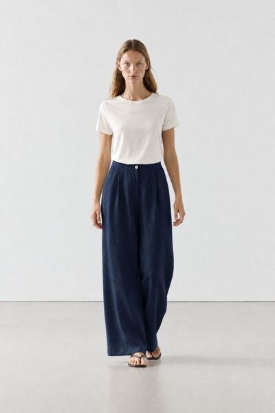 Linen Textured Loose Navy Blue Trousers with Elastic Waist at the Back