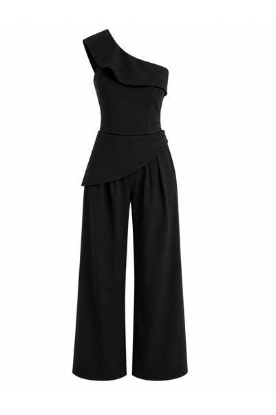 Black Design Collar Blouse Pants Suit - TK8003
