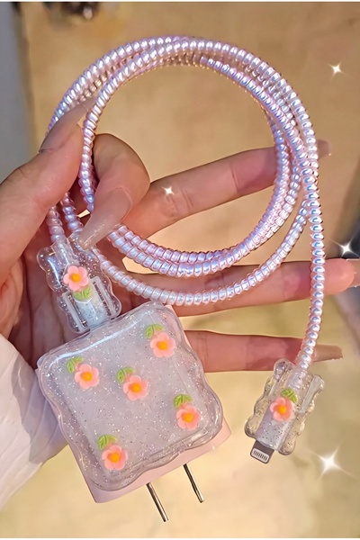Сет за заштита на полнач со розеви цветови, компатибилен со iPhone 18W / 20W / 25W, спирален заштитник за кабел