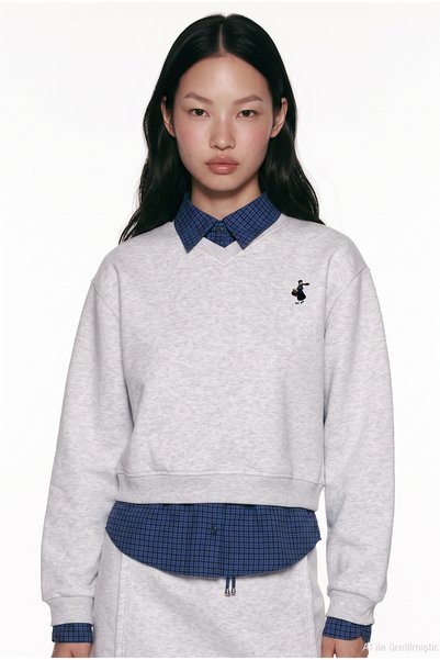 Plaid Garnished V-Neck Oversize Sweatshirt Karmelange
