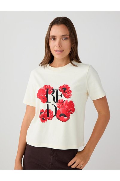 White 100% Cotton Crew Neck Floral Pattern Knitted T-Shirt