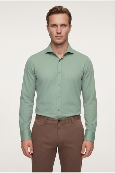 Ds Damat Slim Fit Green Classic Tie Collar Long Sleeve Easy-Iron Shirt