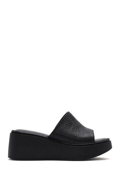 Women's Black Thick Soled Printed Leather Comfort Slippers 26Sfd340026