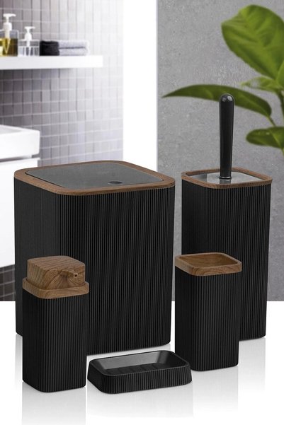 Stella Black Wood Patterned Striped 5-Piece Bathroom Set