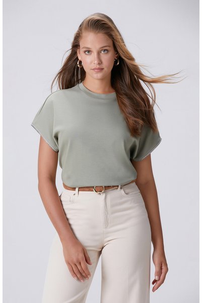 Khaki T-Shirt with Stone on the Sleeve