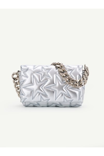 Silvery Silver Shk260 Star Embroidered Quilted Chain Strap Lined Women's Hand, Arm and Shoulder Bag