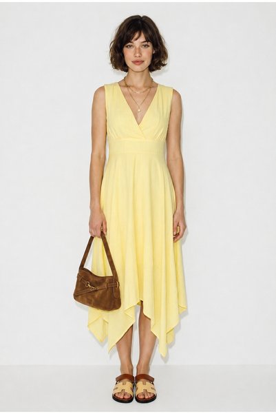 Women's Yellow Lined Back Tie Detailed Double Breasted Collar Asymmetrical Cut Midi Dress 393 60286372