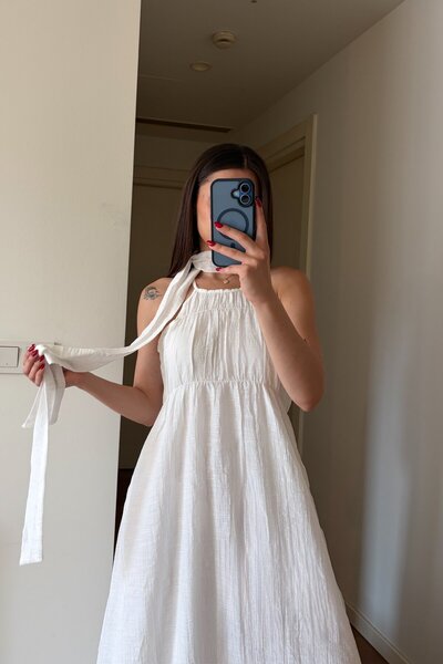 White Drawstring Collar Scarf Long Dress - 3428