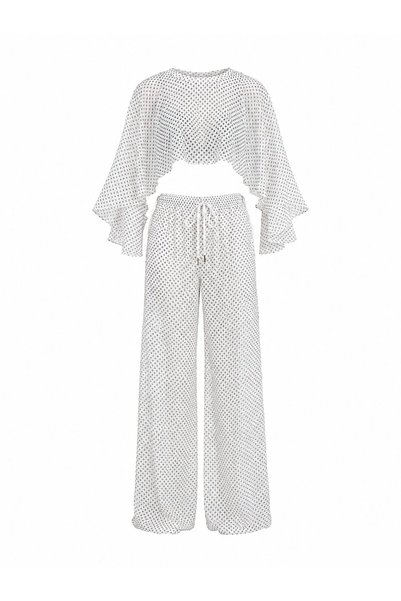 White Polka Dot Chiffon Double Set - 2246