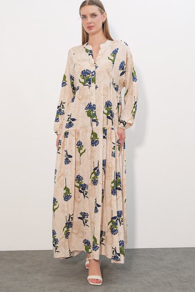 Women's Patterned Long Hijab Dress 2585 - C.Blue