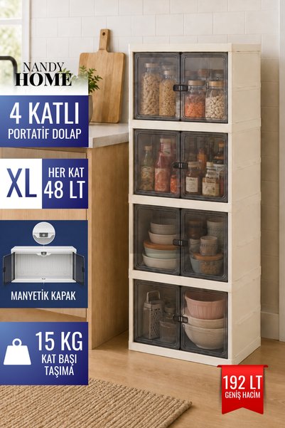 Xlarge - 4-Tier Folding Portable Storage Cabinet with Magnetic Door Multi-Purpose Shoe Rack and Pantry Kitchen Bathroom Cabinet