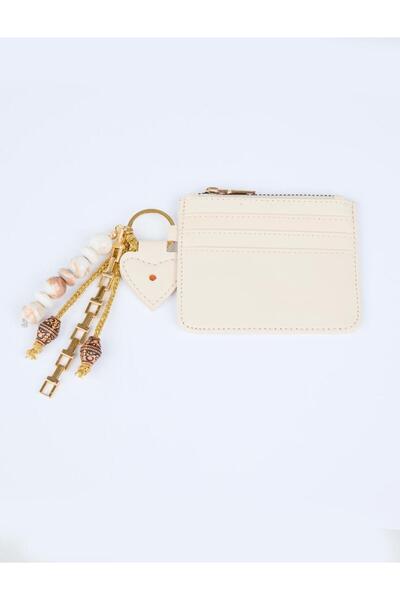 Beige Leather Look Zippered Wallet with Accessory Detail