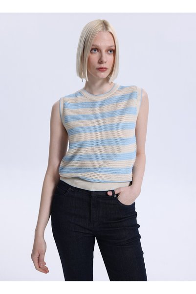Blue - Beige Women's Crew Neck Sweater M6L-Kzk1086