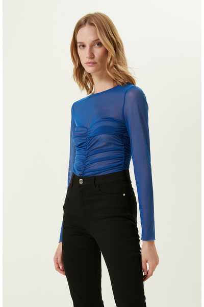 Cobalt Blue Gather Detailed Tulle Tshirt