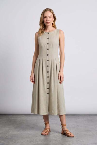 Linen Look Pleated Maxi Dress