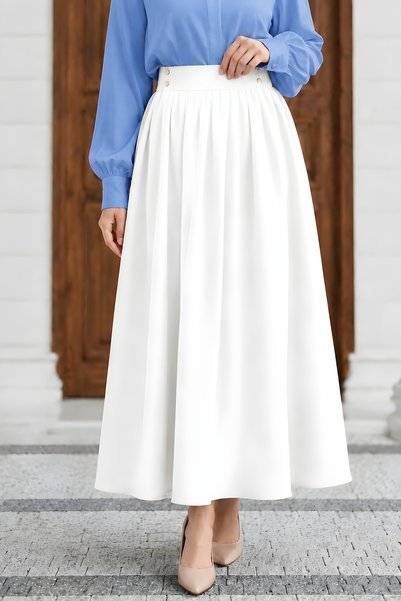 Ecru Pocketed Dabıl Flared Skirt