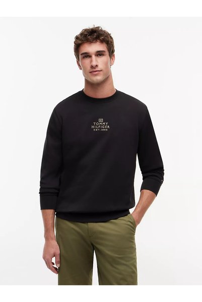 Men's Regular Fit Round Neck Logo Embroidered Cotton Long Sleeve Black Sweatshirt