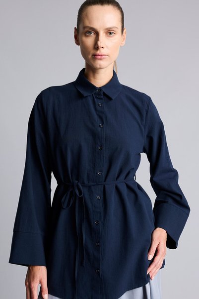Regular Fit Shirt Collar Belted Flared Cotton Long Sleeve Tunic H1868Ax26Au
