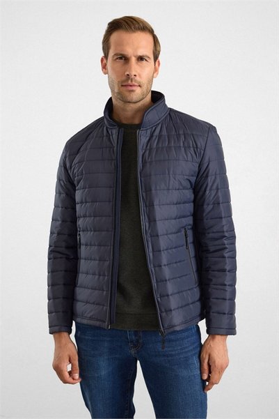 Navy Blue Slim Classic Collar Flat Side Pocket Zipper Fiber Filled Suede Coat